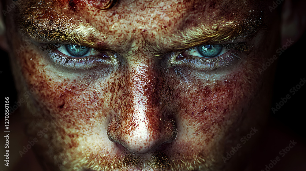 Intense close-up of a rugged man with striking blue eyes Intense close-up of a rugged man with striking blue eyes