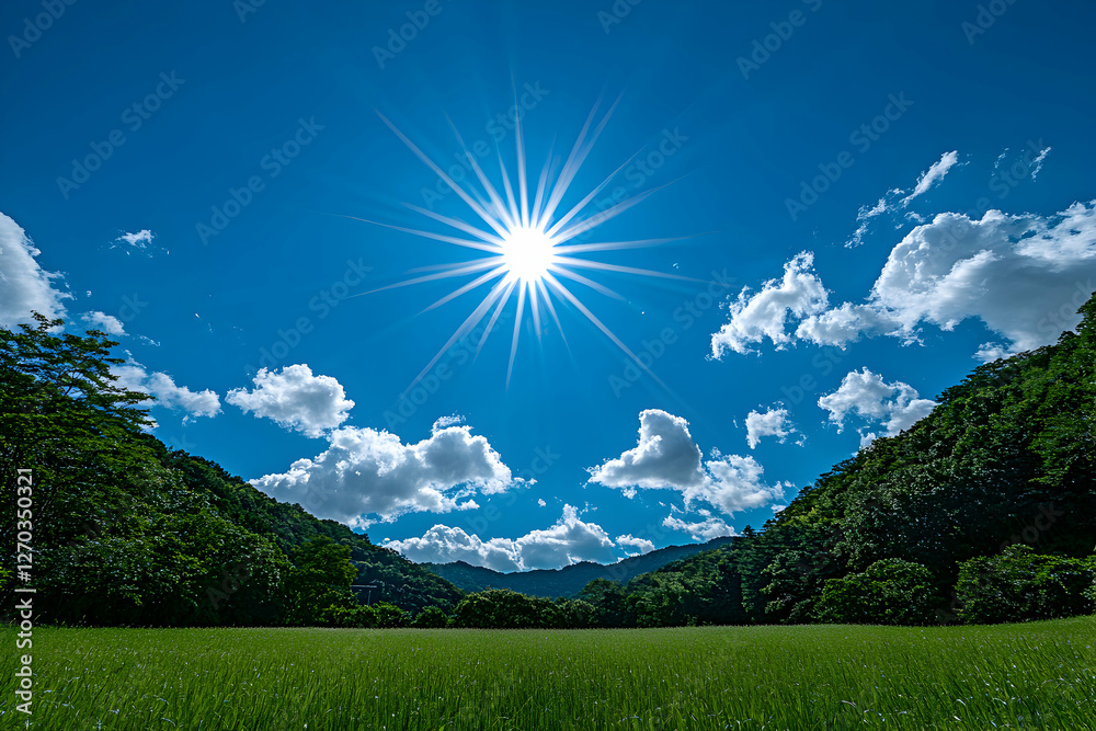 Obraz premium Vibrant sunny day landscape, lush green field, sun rays, blue sky, fluffy clouds, forest backdrop. Ideal for nature, travel, and serenity themes.
