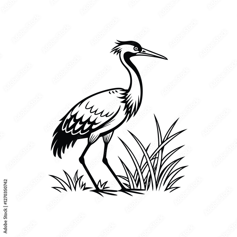Fototapeta premium Black and White Heron Bird Silhouette with Grass – Vector Illustration