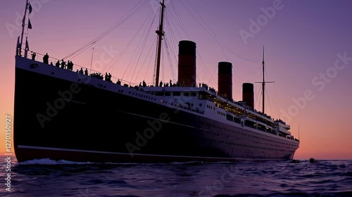 Low-angle video shot of a majestic ocean liner at sunset, highlighting its grandeur and scale against a serene sea and sky backdrop.