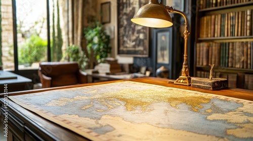 Antique-style desk with world map and warm lighting in library setting