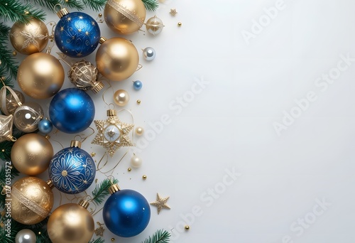 Elegant display featuring blue and gold Christmas balls on a white backdrop in a flat lay top view with copy space image 