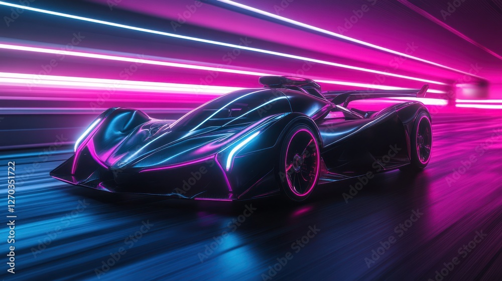 Futuristic car speeds through neon tunnel Futuristic car speeds through neon tunnel