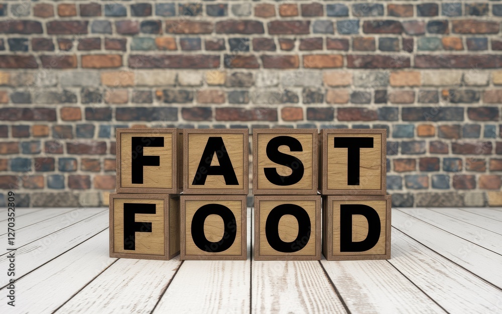 Blocks spelling fast food on a white wooden floor Blocks spelling fast food on a white wooden floor