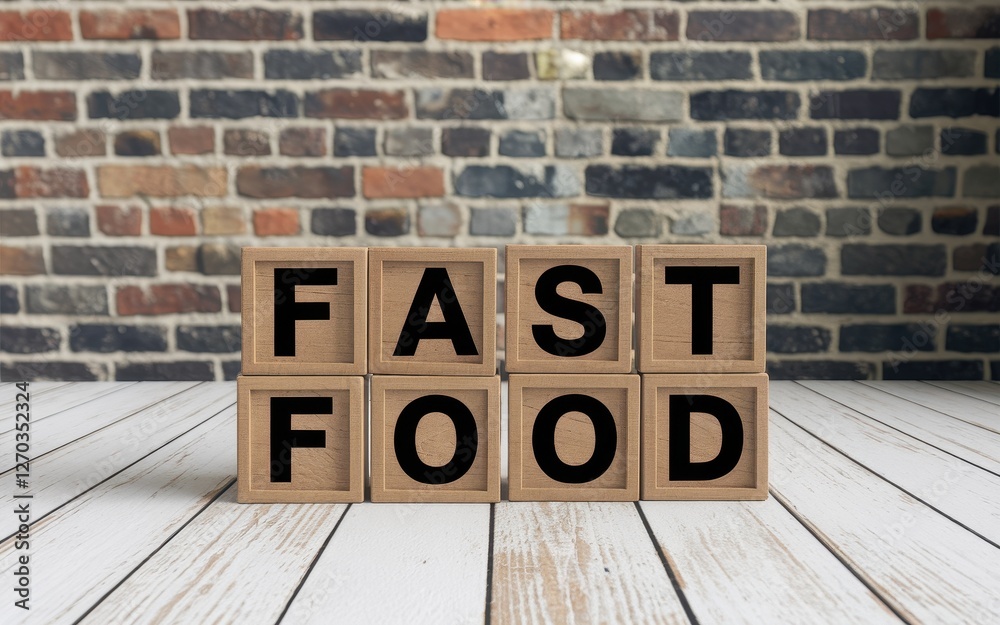 Wooden blocks spell fast food against a brick background