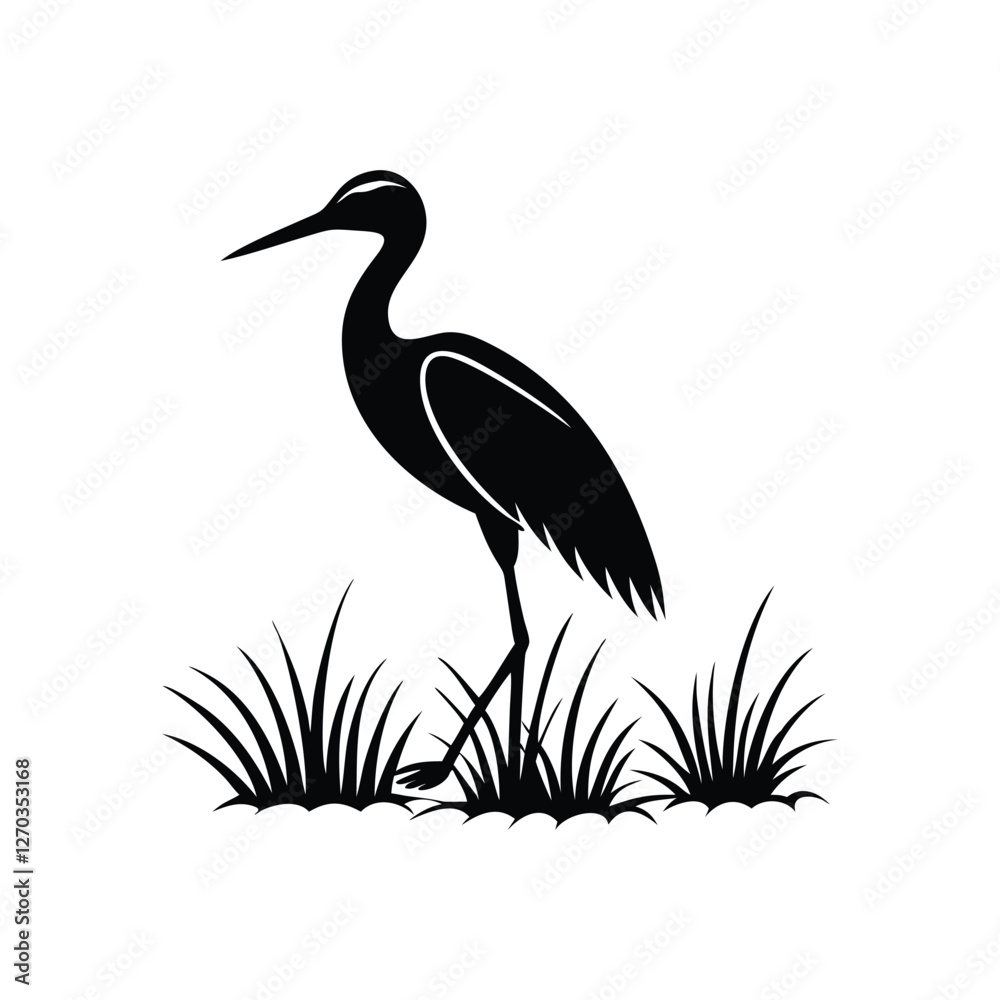 Fototapeta premium Black and White Heron Bird Silhouette with Grass – Vector Illustration