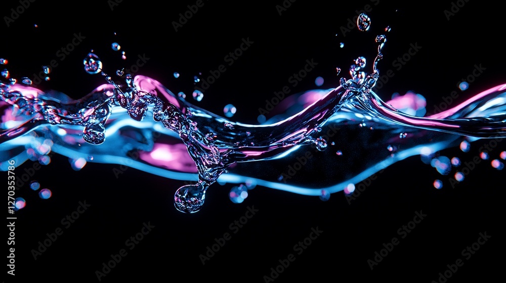 Abstract neon blue and pink water splash wave on black background.