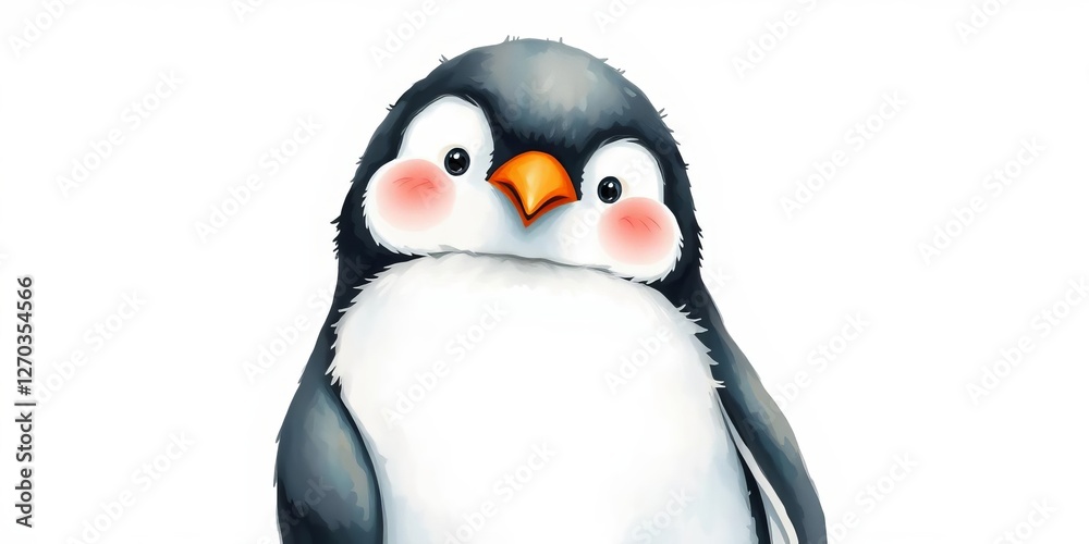 Fototapeta premium Adorable penguin painting on watercolor paper, featuring a fluffy white belly, orange beak, and pink cheeks, white belly, animal, fluffy