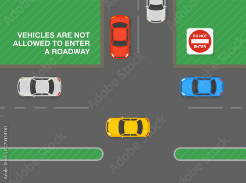 Safe driving tips and traffic regulation rules. United States "no entry" sign meaning. Top view of a traffic flow. Vehicles are not allowed to enter the roadway. Flat vector illustration template.