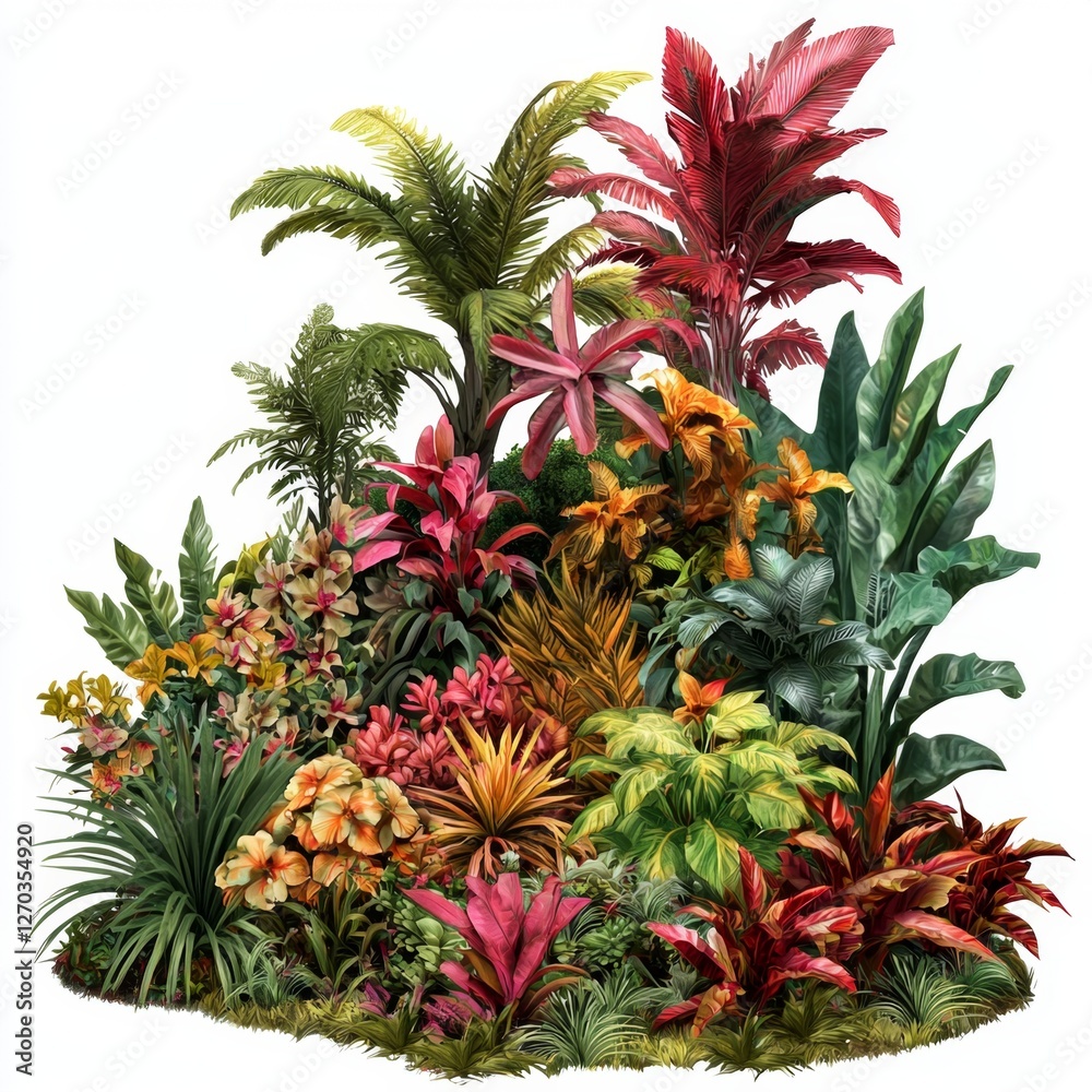 Fototapeta premium Lush Tropical Jungle Scene Featuring Vibrant Exotic Plants and Colorful Foliage in a Lively and Inviting Landscape