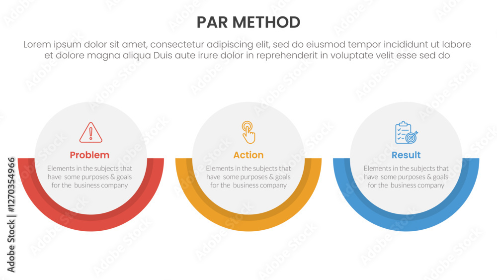 PAR method infographic 3 point with big circle horizontal layout for slide presentation
