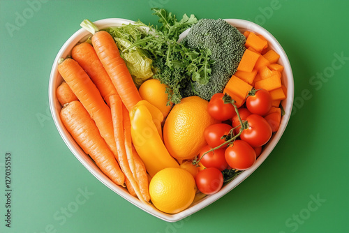 fresh vegetables on a heart shaped plate on green background photo