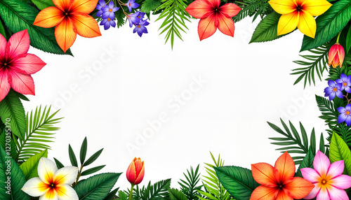 Vibrant tropical floral frame with colorful flowers on a white background for invitations and decoration copy space