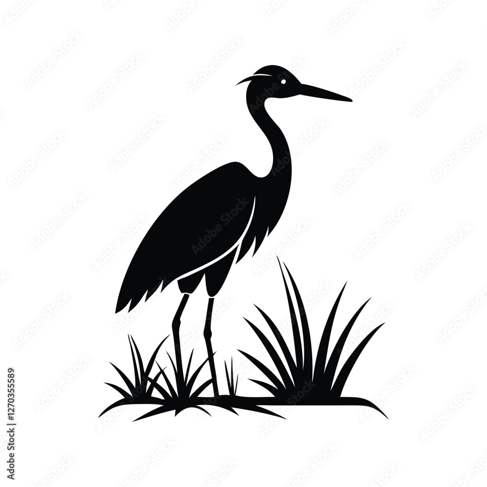 Fototapeta premium Black and White Heron Bird Silhouette with Grass – Vector Illustration