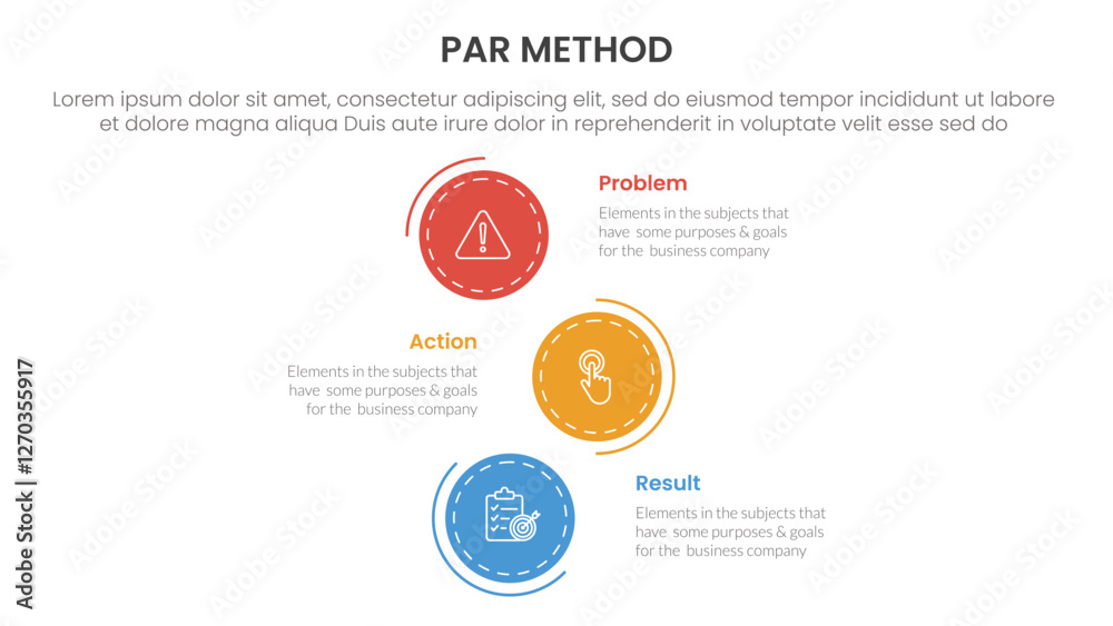 PAR method infographic 3 point with vertical stack circle direction for slide presentation PAR method infographic 3 point with vertical stack circle direction for slide presentation