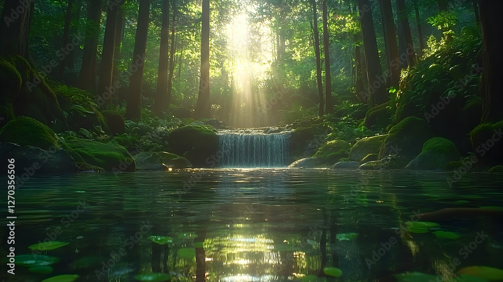 Obraz premium Serene forest waterfall scene at sunrise, sunlight streams through trees illuminating tranquil stream and mossy rocks.