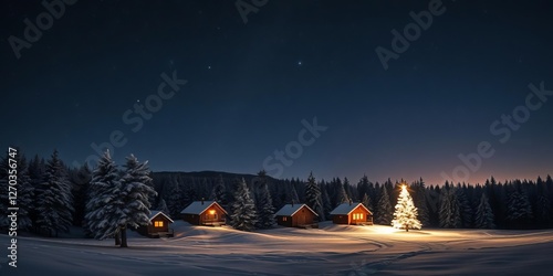 A magical winter landscape covered in snow with a shining Christmas tree, cozy cabins, and a starry night sky, banner, night sky, tree photo