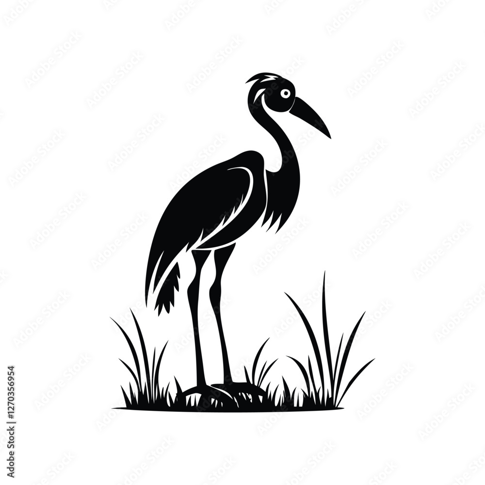 Obraz premium Black and White Heron Bird Silhouette with Grass – Vector Illustration
