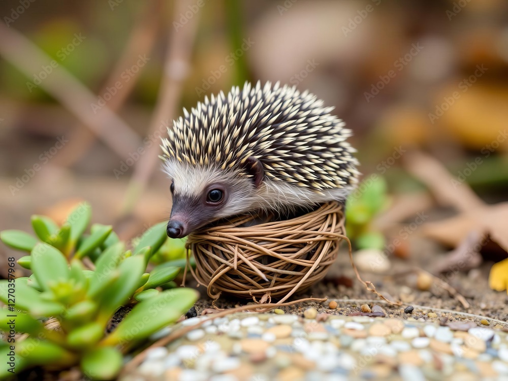 Fototapeta premium Adorable hedgehog with a delicate flower nest on its prickly body, fauna, spiky, hedgehog