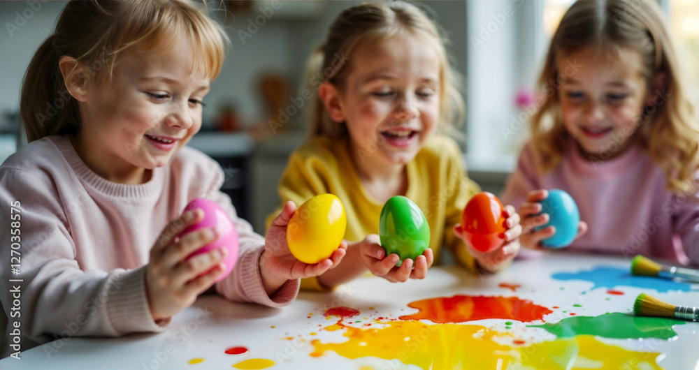 Children Painting Easter Eggs, Creative Fun, Colorful Egg Dyeing Children Painting Easter Eggs, Creative Fun, Colorful Egg Dyeing