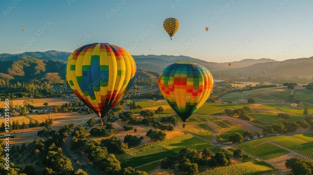 Fototapeta premium Majestic Hot Air Balloons Soaring Over Scenic Vineyards at Sunrise