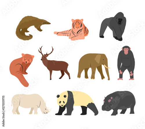 A collection of illustrations featuring endangered wildlife species from around the world, including mammals and reptiles. For conservation awareness, environmental projects and educational materials.