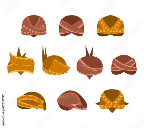 An illustration set featuring various styles of Blangkon, the traditional Javanese head cap, in different patterns and regional designs. For cultural projects, heritage and traditional design material