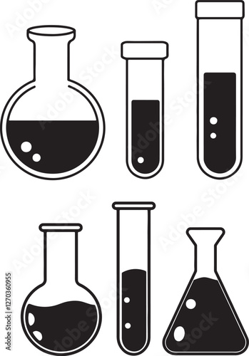 Chemistry biaker with Erlenmeyer flask and test tube holding chemicals flat vector icon for science apps and websites