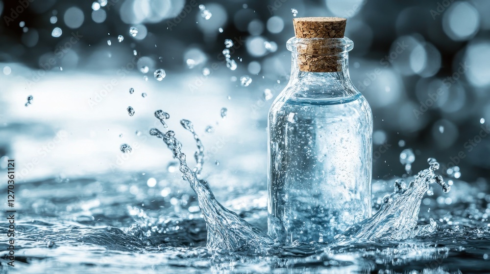 Glass bottle with cork stopper, water splashing around. Perfect for purity, freshness, or hydration concepts. Glass bottle with cork stopper, water splashing around. Perfect for purity, freshness, or hydration concepts.