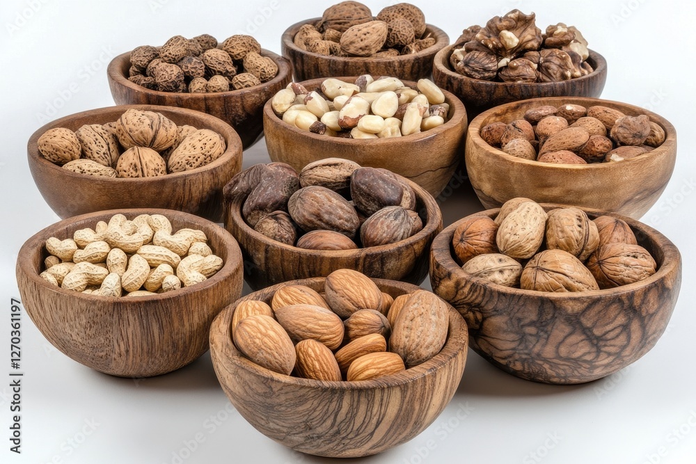 Various nuts in wooden bowls, assortment of peanuts, almonds, walnuts, and more. Perfect for healthy eating, cooking, or nutrition concepts. Various nuts in wooden bowls, assortment of peanuts, almonds, walnuts, and more. Perfect for healthy eating, cooking, or nutrition concepts.