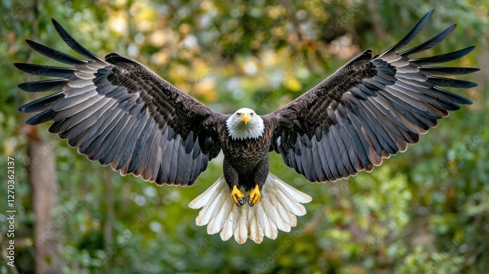 Fototapeta premium Bald eagle landing, wings spread, forest background, wildlife