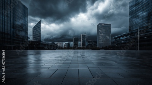 A sleek city plaza with a skyline under fast-moving storm clouds. Featuring contrast and scale