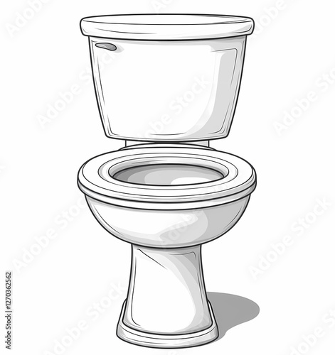 White toilet bowl, simple line art, cartoon style, white background, no shadows, no color.