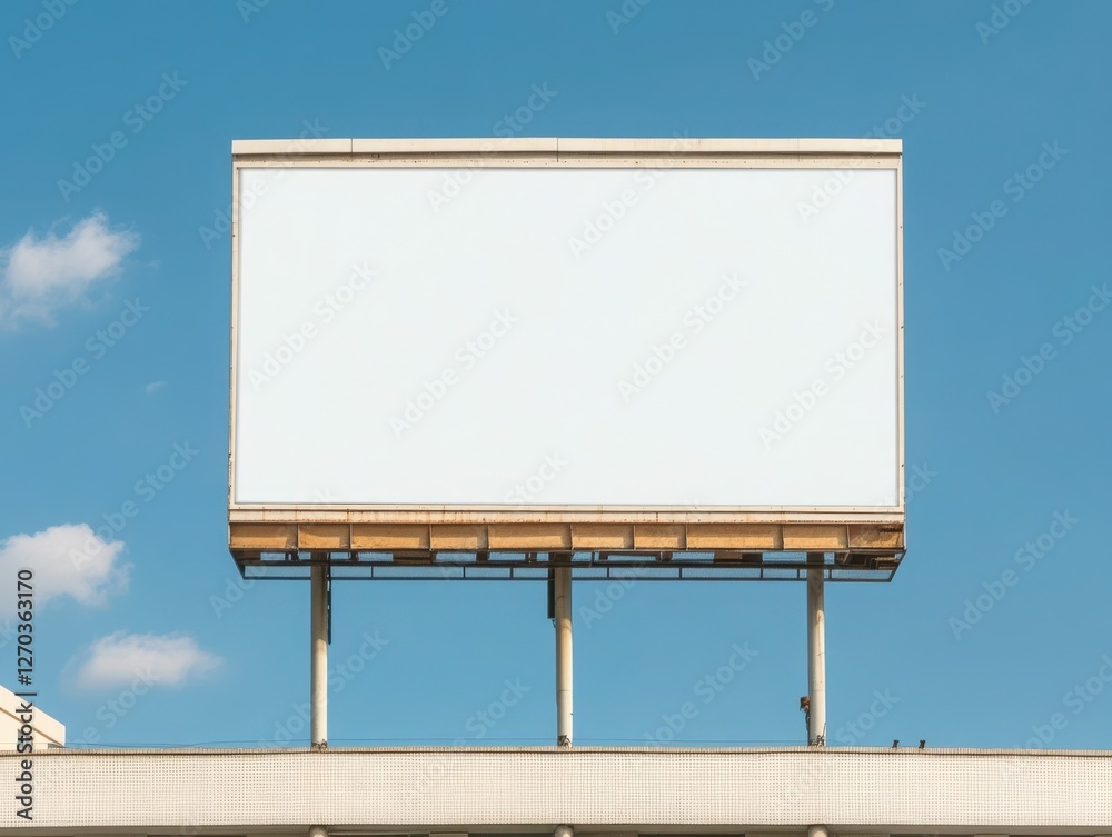Fototapeta premium A wide horizontal blank billboard placed at the top of a contemporary building, with clear blue skies and a few scattered clouds in the background. 