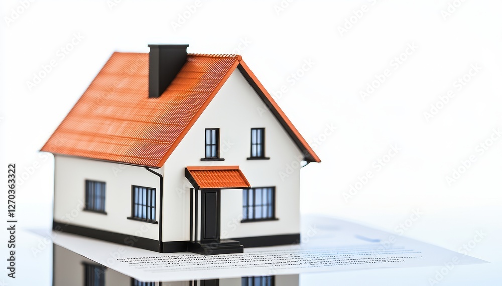 mortgage real estate strategy credit loans concept. A small model house with a red roof placed on a document, symbolizing real estate or home ownership. mortgage real estate strategy credit loans concept. A small model house with a red roof placed on a document, symbolizing real estate or home ownership.