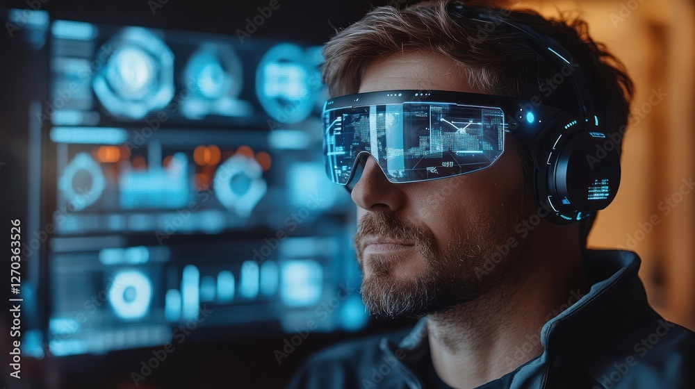 Man using AR glasses, analyzing data, home office, night