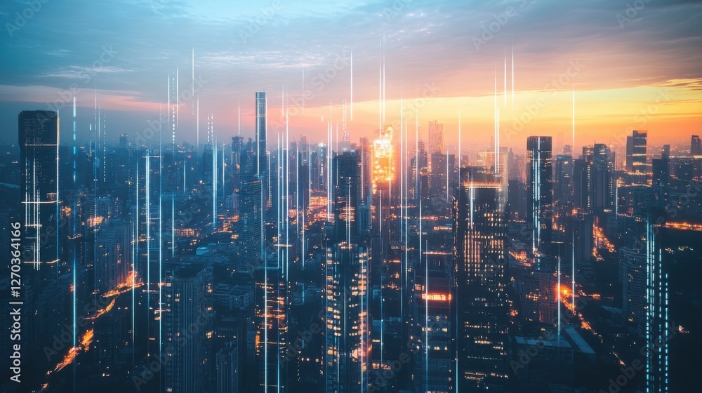 Futuristic Cityscape at Sunset Digital Data Streams Over Urban Skyline Futuristic Cityscape at Sunset Digital Data Streams Over Urban Skyline