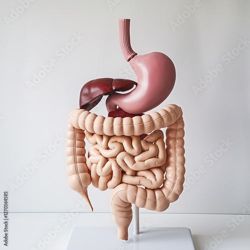 Anatomical model showcasing the human digestive system, including the stomach, small intestine, large intestine, and liver. A detailed representation for educational purposes. photo