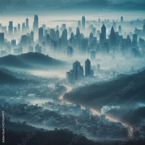 a city in a foggy forest during a cool evening