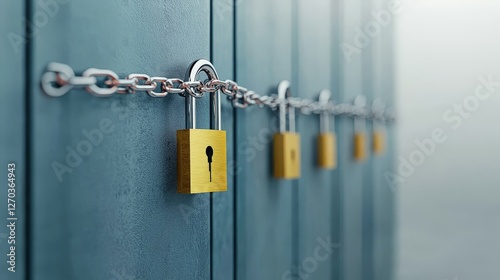 Ensuring Data Security: Encryption, Privacy, and Trust in the Digital Age, Multiple padlocks secured with a chain on lockers, symbolizing security and protection.