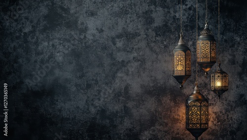 Hanging lanterns on textured wall, Ramadan celebration photo