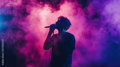 Silhouetted singer performing on stage, bathed in pink and purple smoke. Perfect for music, concert, or performance themes.