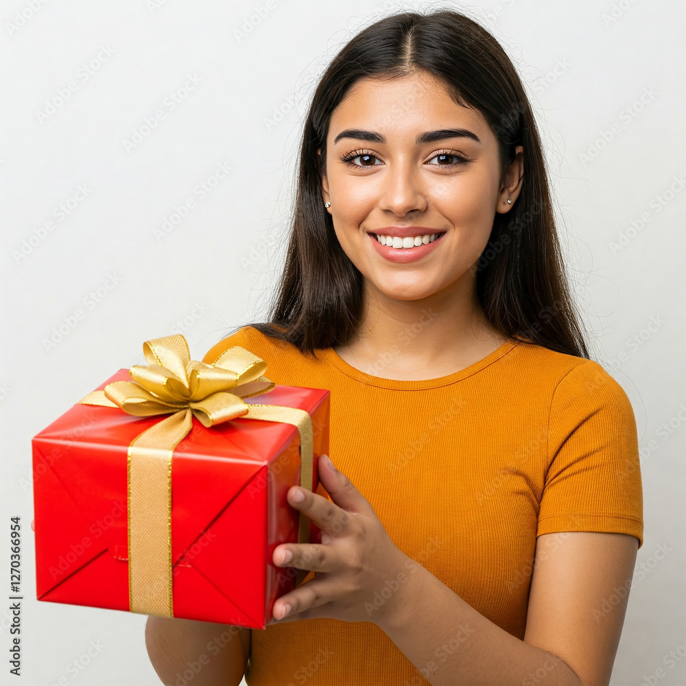 young woman with gift box on white background. Young brunette woman wear orange yellow shirt hold red present box with gift ribbon bow look at camera isolated on white color light background. young woman with gift box on white background. Young brunette woman wear orange yellow shirt hold red present box with gift ribbon bow look at camera isolated on white color light background.