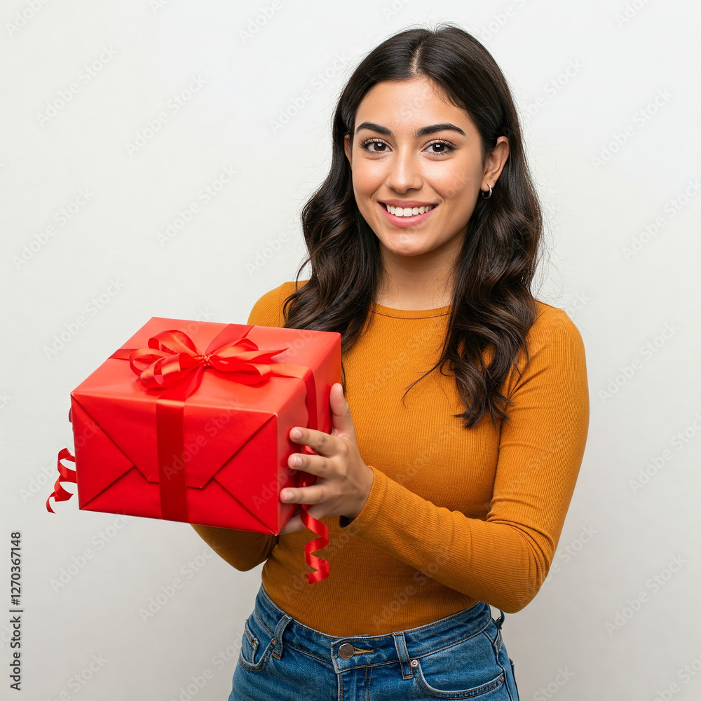 young woman with gift box on white background. Young brunette woman wear orange yellow shirt hold red present box with gift ribbon bow look at camera isolated on white color light background. young woman with gift box on white background. Young brunette woman wear orange yellow shirt hold red present box with gift ribbon bow look at camera isolated on white color light background.