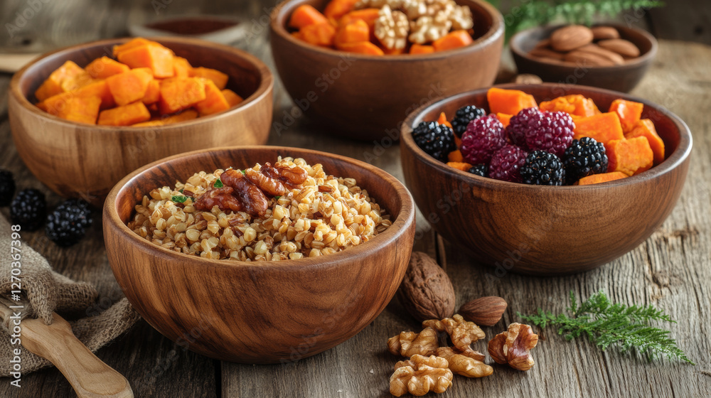 rustic wooden table displays bowls filled with healthy ingredients like brown rice, nuts, and colorful fruits. warm tones create cozy atmosphere, perfect for nutritious meal rustic wooden table displays bowls filled with healthy ingredients like brown rice, nuts, and colorful fruits. warm tones create cozy atmosphere, perfect for nutritious meal