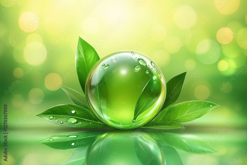 Green sphere with water droplets rests on vibrant leaves. Ideal for eco-friendly product ads, nature themes, or spa/wellness marketing. Green sphere with water droplets rests on vibrant leaves. Ideal for eco-friendly product ads, nature themes, or spa/wellness marketing.