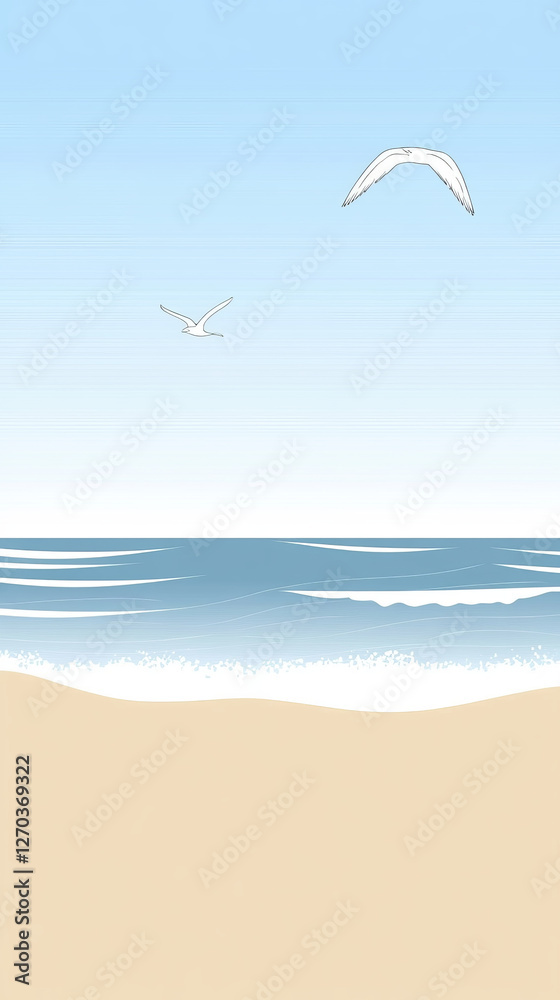 Naklejka premium Serene beach with seagulls flying over ocean