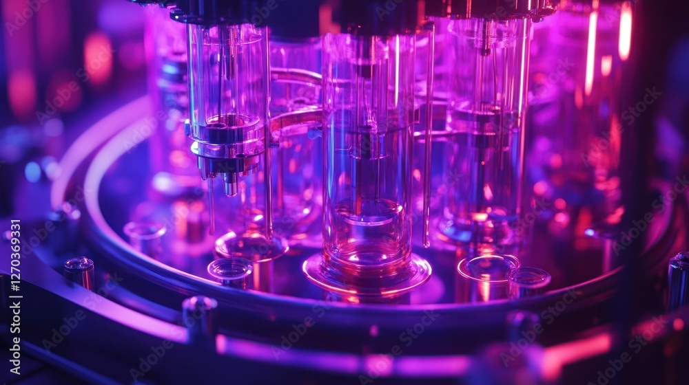 Automated lab glassware analysis, neon lights, research Automated lab glassware analysis, neon lights, research