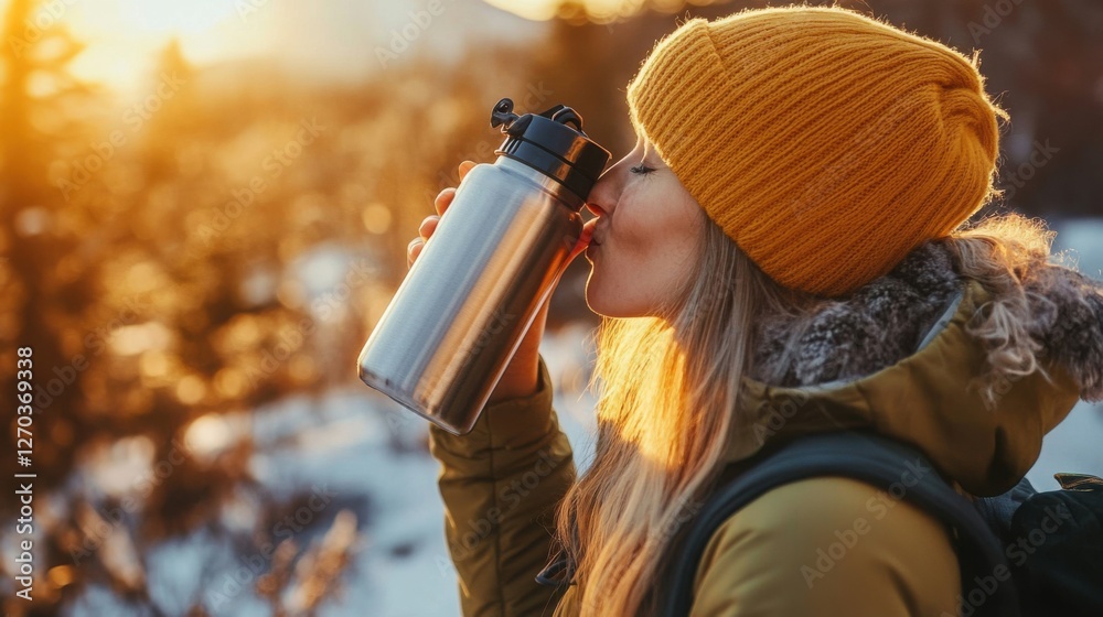 Fototapeta premium Woman Drinking Water from Stainless Steel Bottle Outdoors at Sunset Winter Hiking