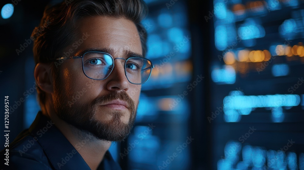 Focused programmer server room night coding data Focused programmer server room night coding data